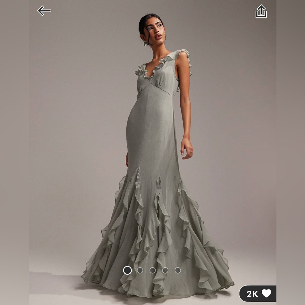 Ruffle-Trim V-Neck Evening Gown in Sage Gray